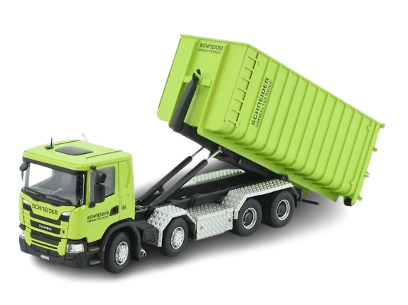 Miniatur Scania Next Gen G-series + Schneider Tekno Kipper 85720 im Maßstab 1:50 