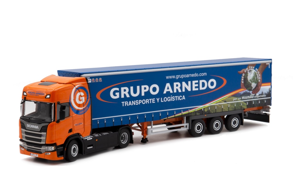 Modell Lkw Scania R Highline + Kühlauflieger Grupo Arnedo Wsi Models 01-4460 Maßstab 1:50 