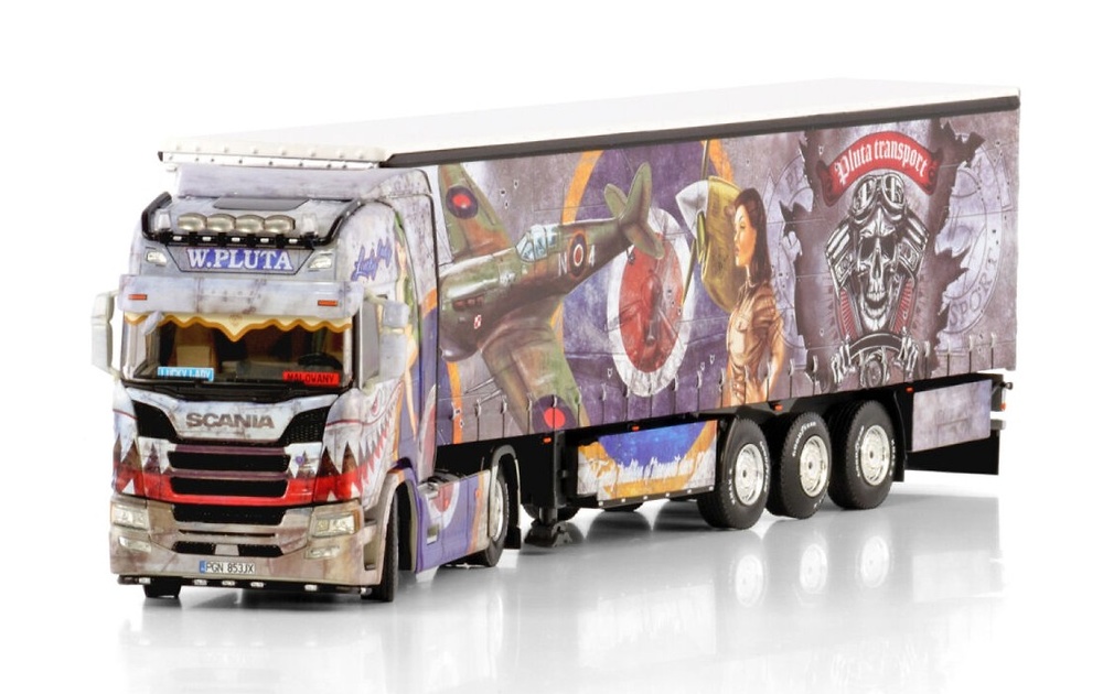 Scania R Highline CR20H 4x2 + Gardinenplanenauflieger W.Pluta Wsi Models 01-4427 Maßstab 1:50 