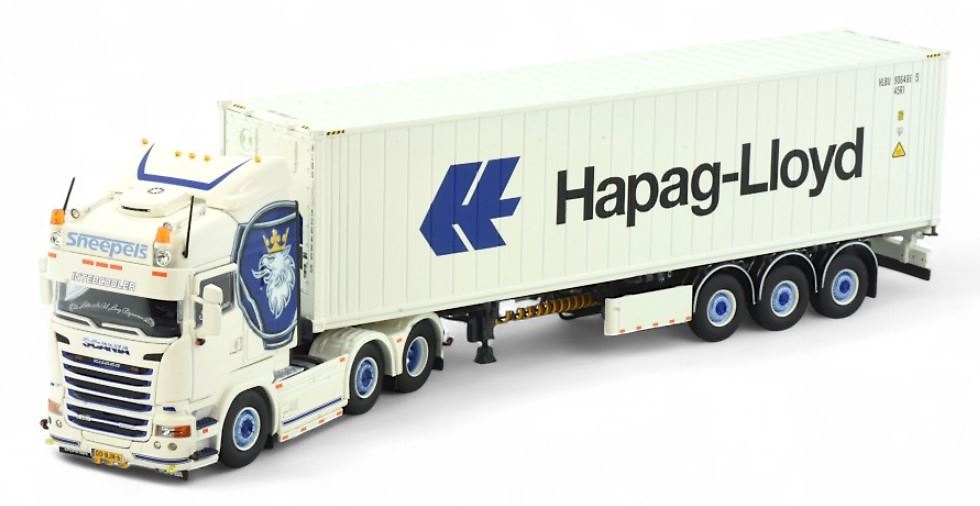 Scania R-serie Highline 6x2 + 40-Fuß-Auflieger Hapag Lloyd Tekno 86345 Maßstab 1:50 