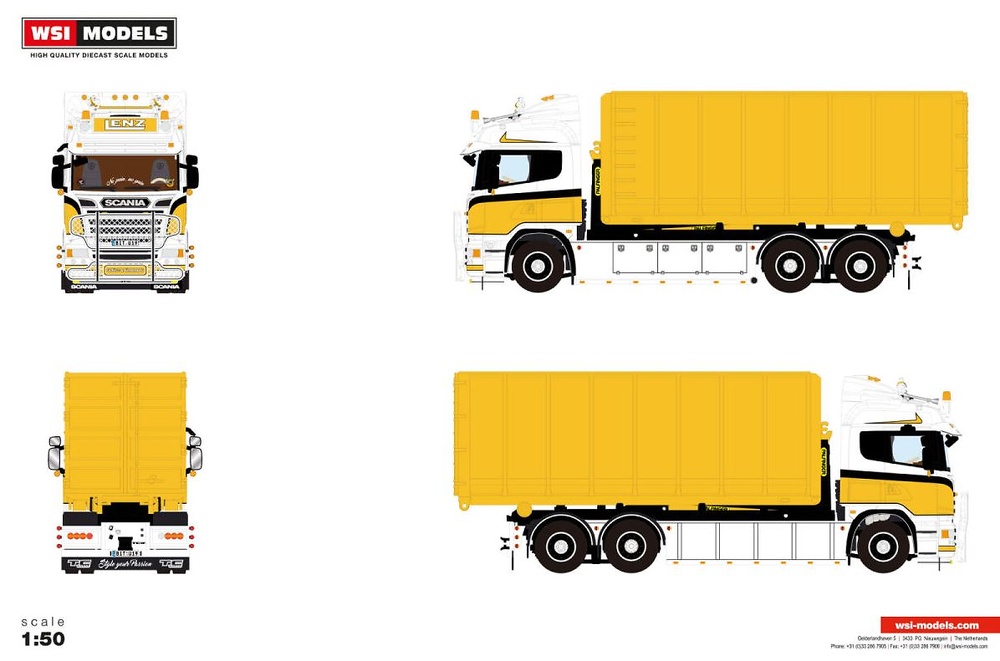 Scania R6 Rigid Highline Lenz Gerüstbau 6x2 + 40m3 Container Wsi Models 01-4716 Maßstab 1:50 