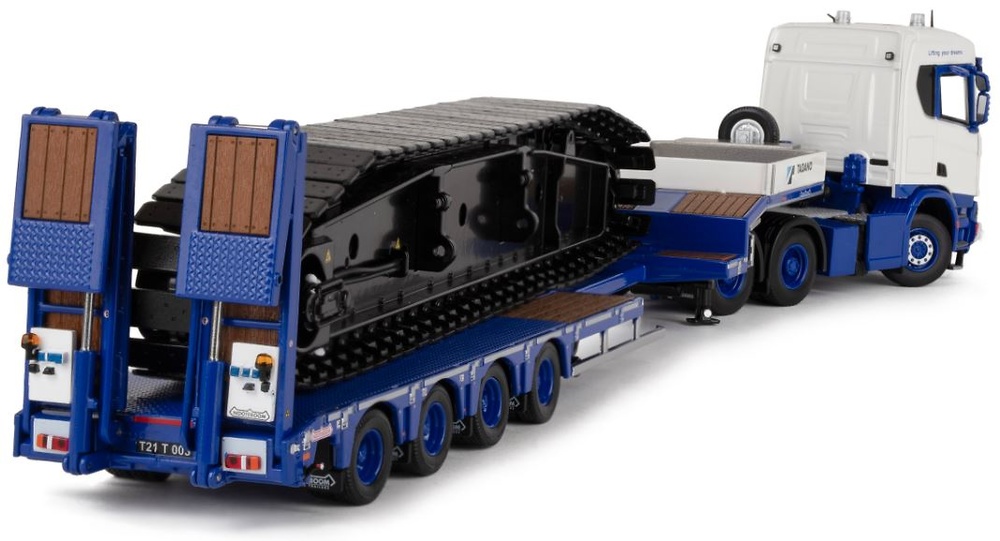 Modellfahrzeug Scania XT mit Tieflader Nooteboom MCOS Tadano Imc Models 80-1031 im Maßstab 1:50 