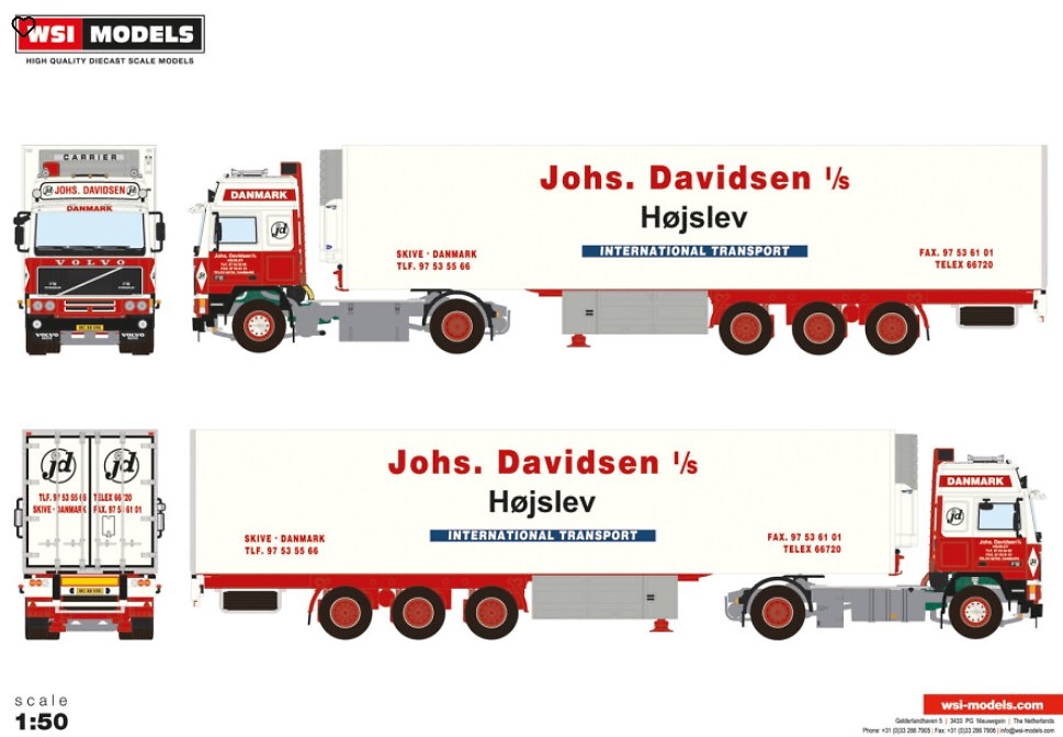 Volvo F12 Globetrotter + reefer trailer Johs Davidsen Wsi Models 01-4490 scale 1/50 