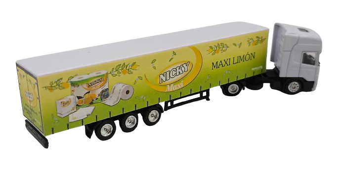 Camión Scania + caja cerrada, Nicky Maxi Limón a escala 1/87 (sin espejos retrovisores) 