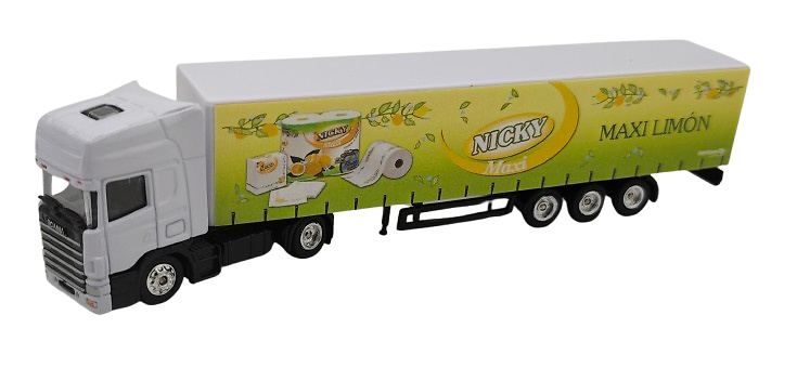 Camión Scania + caja cerrada, Nicky Maxi Limón a escala 1/87 (sin espejos retrovisores) 