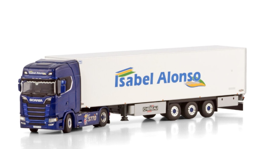 Miniatura camion Scania S Highline 4x2 CS20H + remolque refrigerado Isabel Alonso Wsi Models 01-4352 escala 1/50 